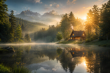 Obraz premium Serene Mountain Lake Cabin at Sunrise with Forest Reflection and Morning Mist 