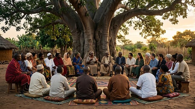 Diverse Community Gathering Under Ancient Baobab Tree at Sunset