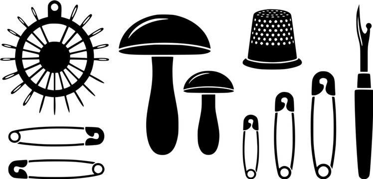 Set of sewing tools and mushroom icons including safety pins, pincushion, thimble and seam ripper