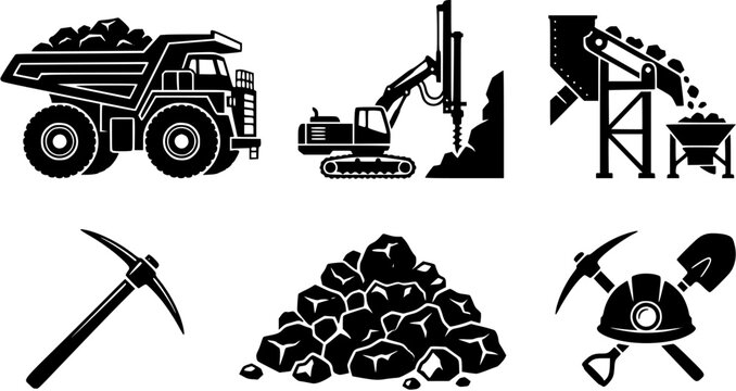 Mining industry equipment icons set with haul truck, drilling rig, conveyor, pickaxe, coal pile and safety helmet