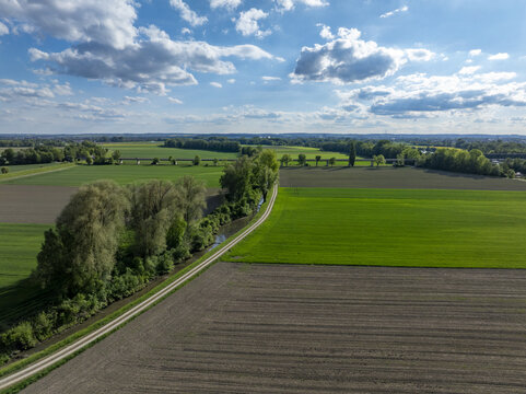 Aerial view of lush green agricultural fields and a winding stream under a bright blue sky with fluffy white clouds in Donaustauf, Bavaria, Germany.