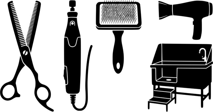 Set of pet grooming tools including thinning shears, nail grinder, slicker brush, hair dryer and a professional washing tub