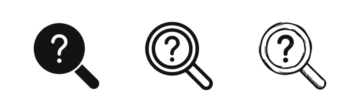 Search and Help Icon Set with Magnifying Glass and Question Mark in Solid Outline and Hand Drawn Styles