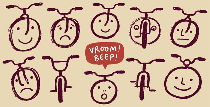 Collection of hand-drawn bicycle faces with various emotions and a speech bubble saying Vroom Beep.