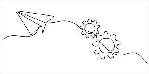 Paper plane with gears line art vector illustration minimalist continuous drawing innovation creativity and progress concept © Dosoroth Chandra
