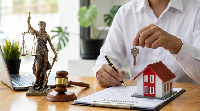 Home purchase concept with keys and miniature house symbolizing mortgage approval, legal transfer, and property ownership.