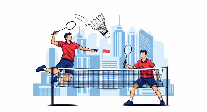Professional badminton players competing in front of a city skyline