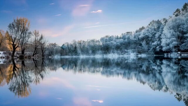 Winter lake with misty vapor rising above the surface, snow-covered forest reflected in calm water under serene morning light