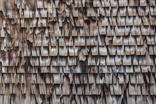 Close-up view of gray weathered shingles on typical Cape Cod building.