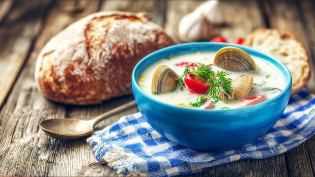 Creamy Rustic Clam Chowder Soup Served with Fresh Bread on Wooden Table