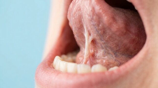 Close-up view of an open human mouth showing the tongue lifted to reveal the lingual frenulum and oral anatomy