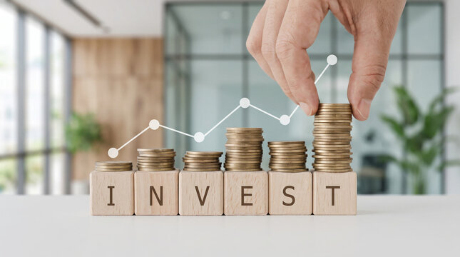 INVEST word with coins symbolizing wealth building, business finance, savings, and long-term investment strategy.
