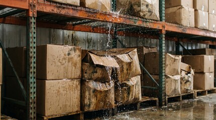 Fototapeta premium Water leaking from the ceiling onto cardboard boxes in a warehouse, causing severe property damage and ruined inventory.