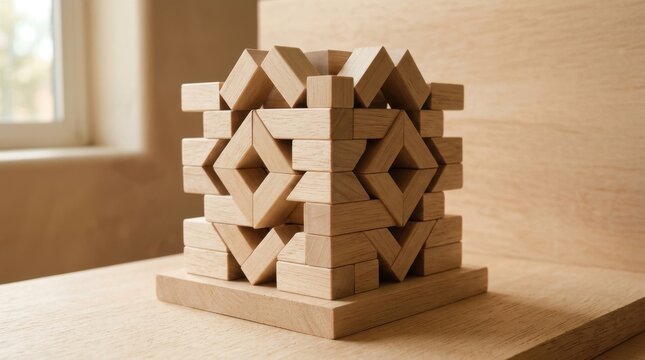 Intricately Stacked Geometric Balsa Wood Blocks Form a Complex Wooden Puzzle Sculpture