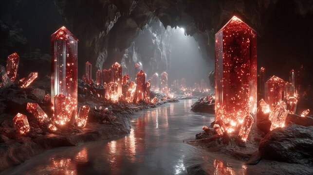 Enchanted crystal cave with towering glowing red ruby pillars and sunbeams over a subterranean river