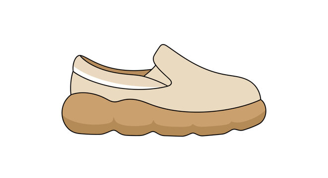 Beige slip-on loafer shoe with thick platform sole, isolated on white background.