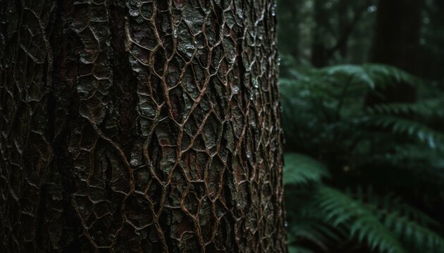 Detailed close-up of damp alder bark with intricate, cracked surface formations in a lush forest setting