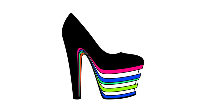 Bold Black High Heel Shoe with Colorful Layered Platform and Sole