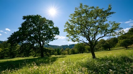Obraz premium Vibrant green trees stand against a bright blue sky under clear midday sunlight in an open landscape