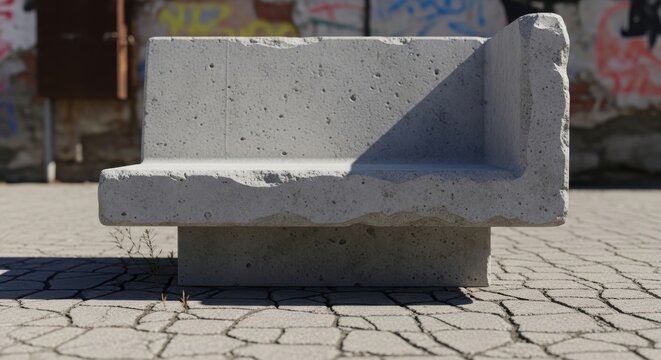 Monolithic raw concrete outdoor seating bench with rough textured finish and angular design casting a shadow on paved ground