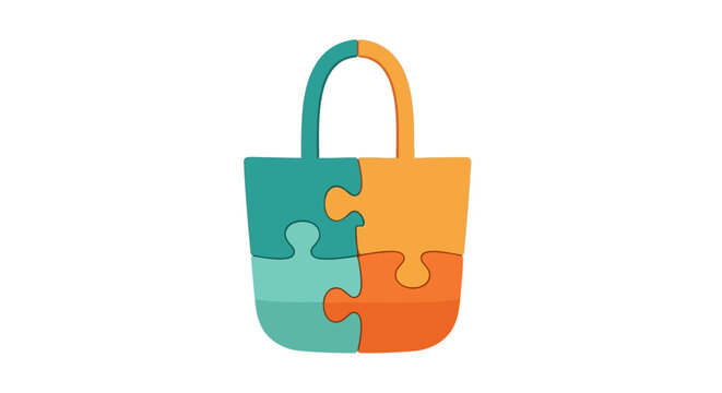 Puzzle bag icon, shopping concept, colorful jigsaw pieces forming a tote bag