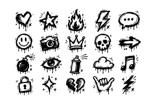 Bold graffiti drip symbol collection featuring expressive urban vector icons with rebellious street culture aesthetics and rough hand drawn sketch details. 