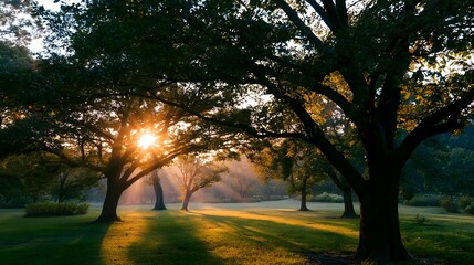 Fototapeta premium Trees cast long shadows across an open grassy field bathed in warm golden hour sunlight