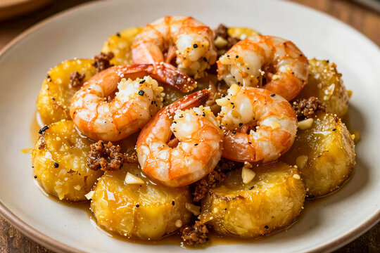 Delicious Traditional Puerto Rican Mofongo with Saut&eacute;ed Garlic Shrimp and Crispy Pork Cracklings on Rustic Plate