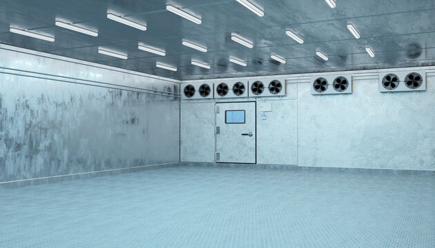 Cold storage, industrial freezer room with refrigeration fans, insulated door and empty chilled warehouse interior, 3D image