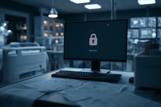 Hospital workstation with computer screen showing lock icon and offline status