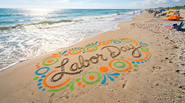 Labor day beach message written in colorful sand with ocean waves and people in background