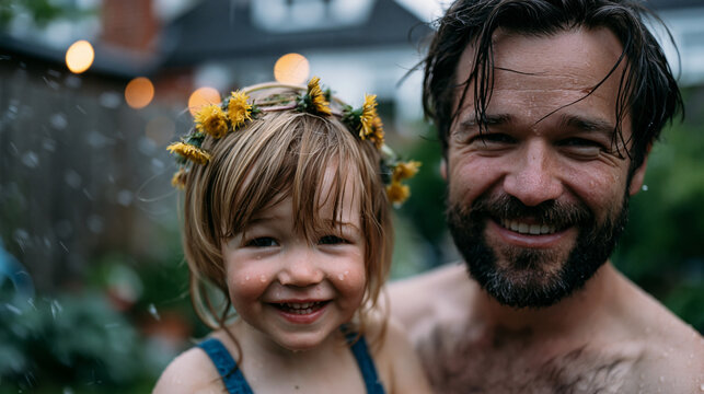 Joy arriving unexpectedly for exhausted single father when toddler places a dandelion crown on his head during backyard evening sprinkler session, both soaked, both laughing, modest suburban yard be