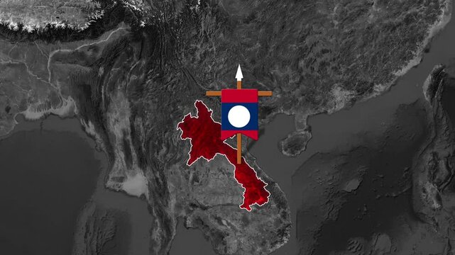 Laos map with flag overlay animated in motion on a grayscale world map background video clip