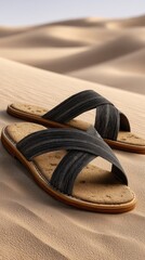Naklejka premium Close up view of black rubber sandals resting on a sandy surface with sand particles clinging to footbeds and straps under natural light