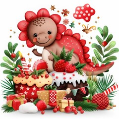 Naklejka premium Adorable Dinosaur Character Surrounded by Festive Decorations and Treats