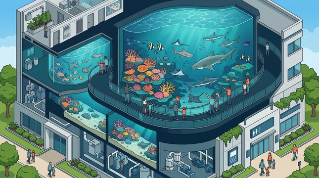 Isometric Zoo Aquarium Cross-Section Vector with Sharks, Coral Reefs and Visitors Viewing Tanks