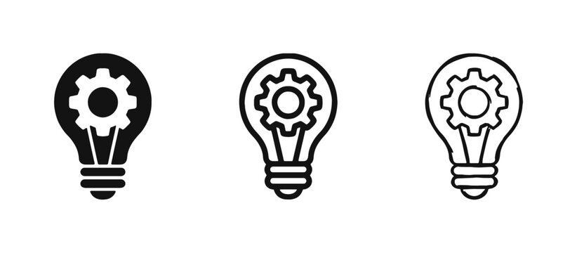 Innovation and technology light bulb with gear settings icon set in solid, outline and hand drawn sketch style
