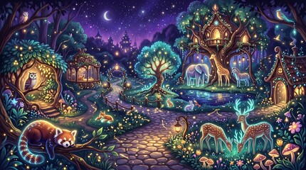 Obraz premium Enchanted Zoo Night Fantasy Digital Painting Bioluminescent Animals Fireflies Stars Indigo Sky Dreamy