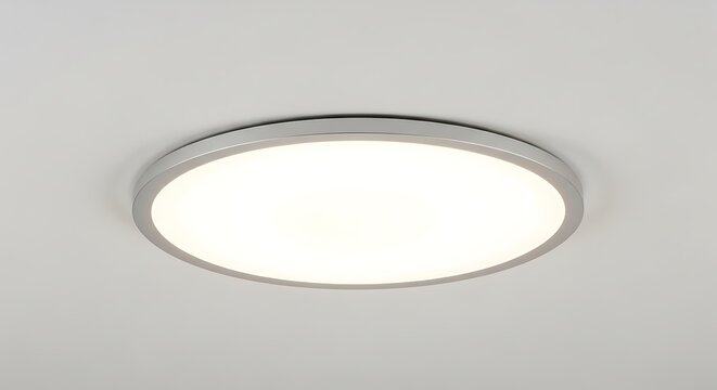 Modern round led ceiling light fixture with silver frame glowing on a plain white ceiling background