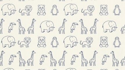Fototapeta premium Minimalist Zoo Animals Line Art Seamless Pattern Elephant Lion Panda Penguin Giraffe Toucan Navy Cream