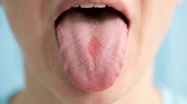 Close-up of a human tongue with a red smooth patch indicating oral inflammation or medical condition
