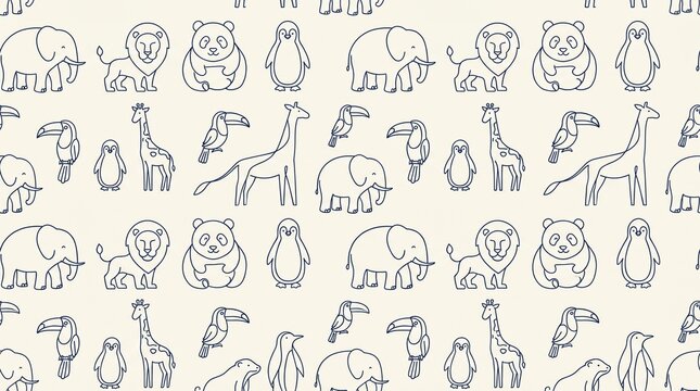Minimalist Zoo Animal Seamless Pattern in Navy Line Art for Modern Nursery Textile Design