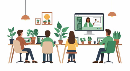 Fototapeta premium Business Team Attending Virtual Seminar or Online Webinar in Modern Green Coworking Space with Plants