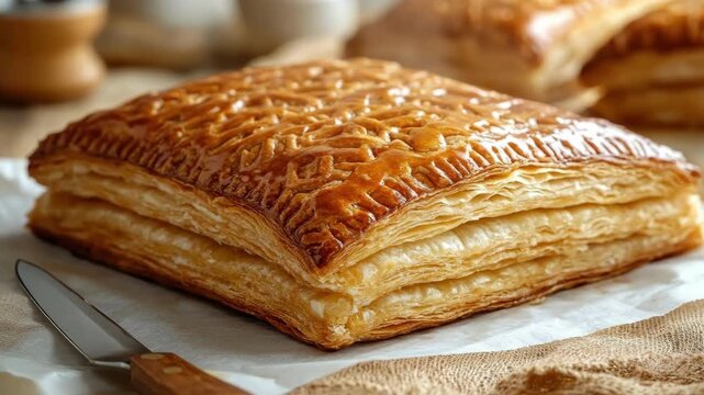 Golden brown flaky puff pastry on rustic table setting