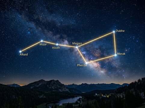Night Sky Showing Big Dipper Constellation with Stars Labeled