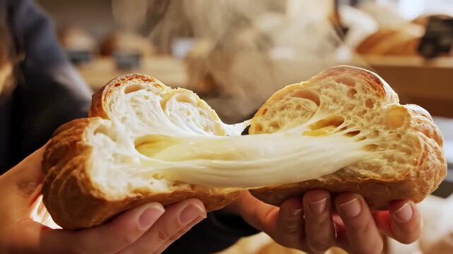 Hands are holding a pastry that has been pulled apart, revealing a thick, gooey cheese filling. Steam is rising from the warm pastry.