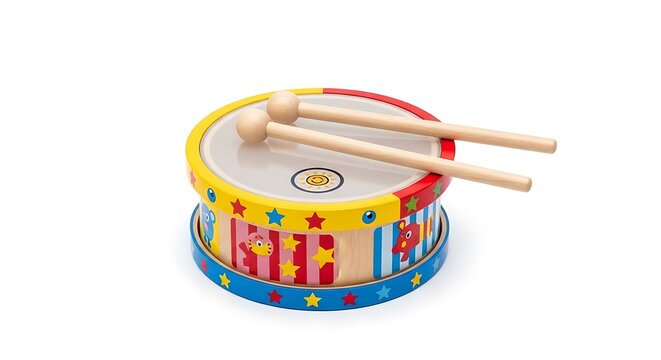 Colorful wooden toy drum with two drumsticks isolated on white background