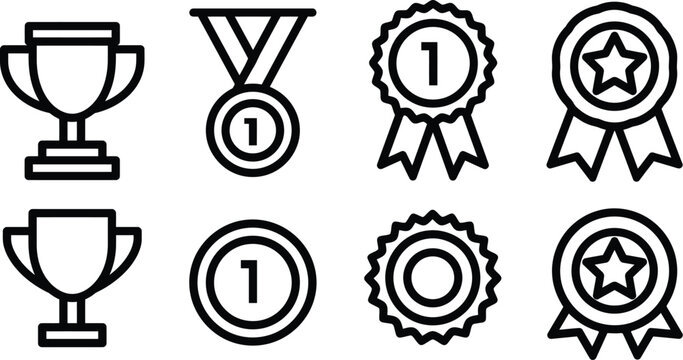 Award icons Set of trophy cup medal rosette ribbons with champion