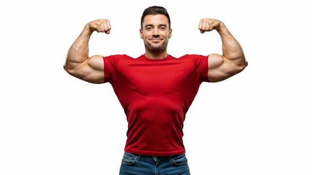 Confident man flexing his muscular arms in a red t-shirt