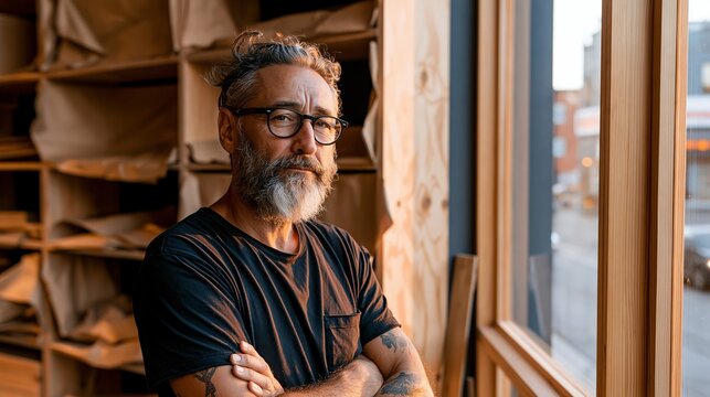 A man with a beard and glasses stands confidently in a workshop with wooden shelves